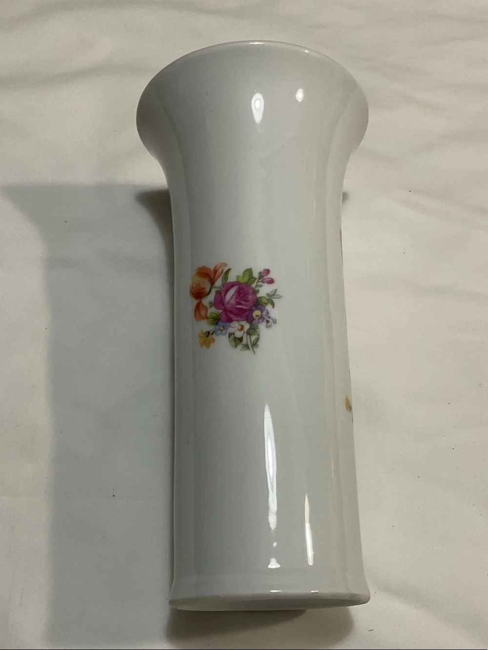 White Porcelain Floral Bud Vase - Pink & Green Bouquet made in Germany.